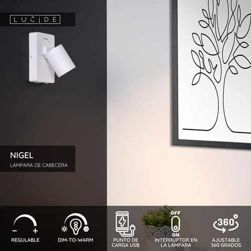 Lucide NIGEL - Lámpara de cabecera / Lámpara de pared - LED Dim to warm - GU10 - 1x5W 2200K/3000K - Con punto de carga USB - Blanco - USP